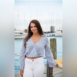 Anthropologie Sadie & Sage White and Blue Wrap Blouse